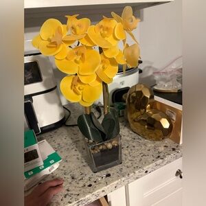 Artificial Yellow  Orchid in Glass Vase